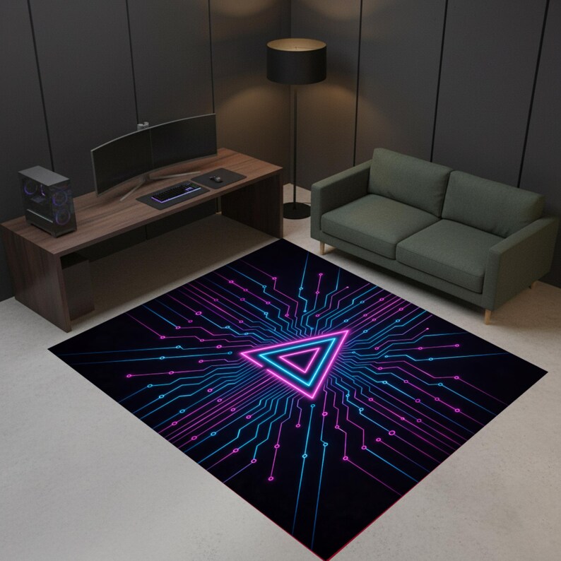 Cyber Rug Neon Gaming Area Rug, Cyber Circuit Triangle Carpet, Futuristic Gamer ...