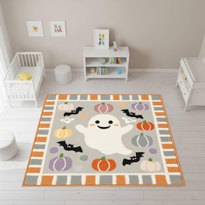 Cute halloween ghost rug for kids, pumpkin nursery area carpet, spooky playroom floor mat, fun seasonal decor, toddler halloween rug