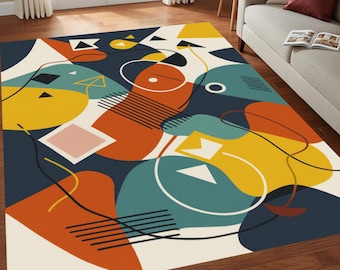 Abstract Geometric Rug, Modern Shapes Carpet, Bauhaus Style Mat, Color Block Living Room Decor
