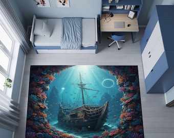 Alfombra infantil con temática de naufragio submarino, arrecife de coral, temática oceánica, náutica, aventura marina