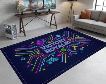 Neon Victory Royale Rug, Gaming Room Decor Carpet, Cyber Circuit Area Floor Mat