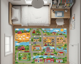 City map play rug , road carpet with buildings and vehicles, kids learning playroom rug