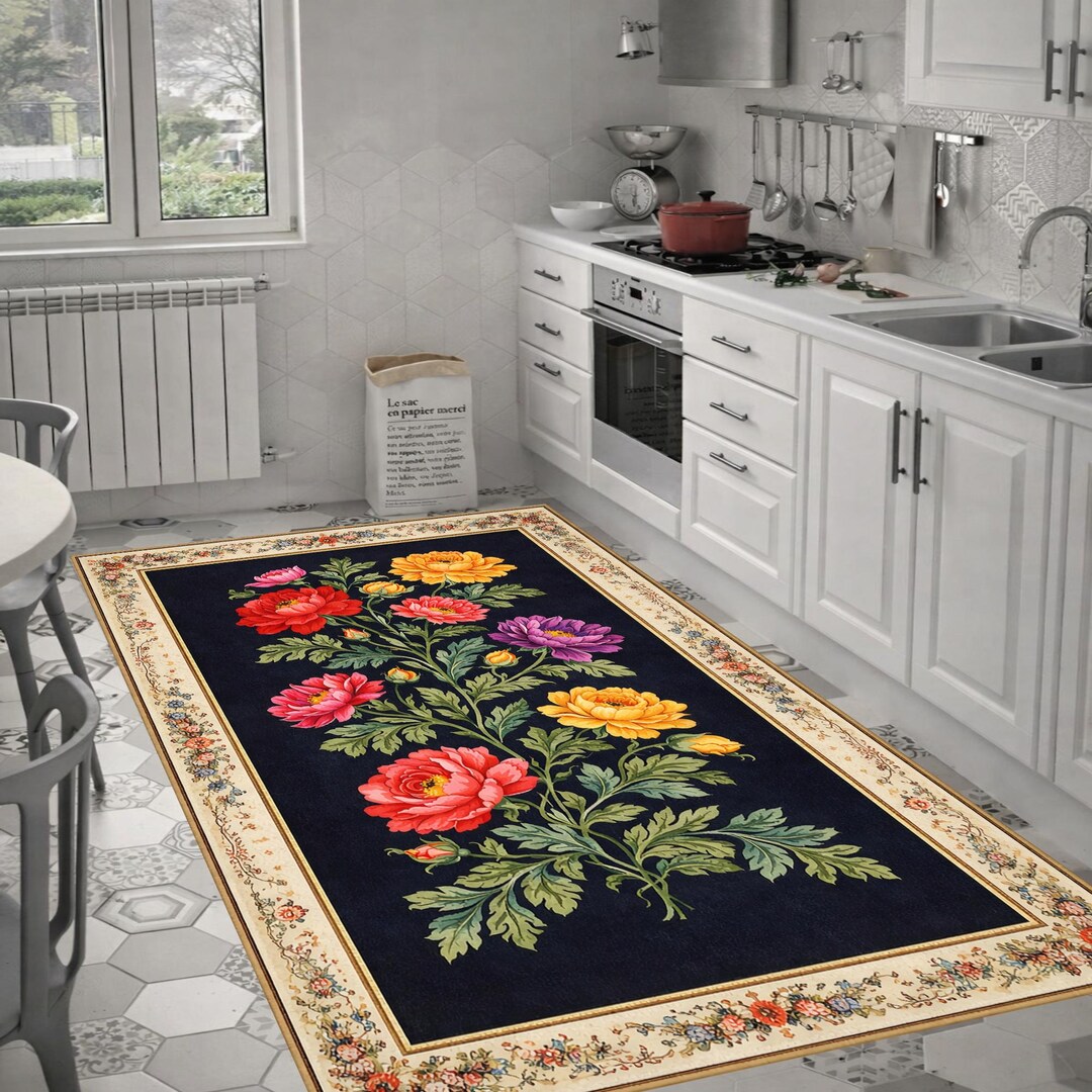 Vintage Floral Kitchen Rug, Classic Bouquet Pattern Floor Mat Dark ...