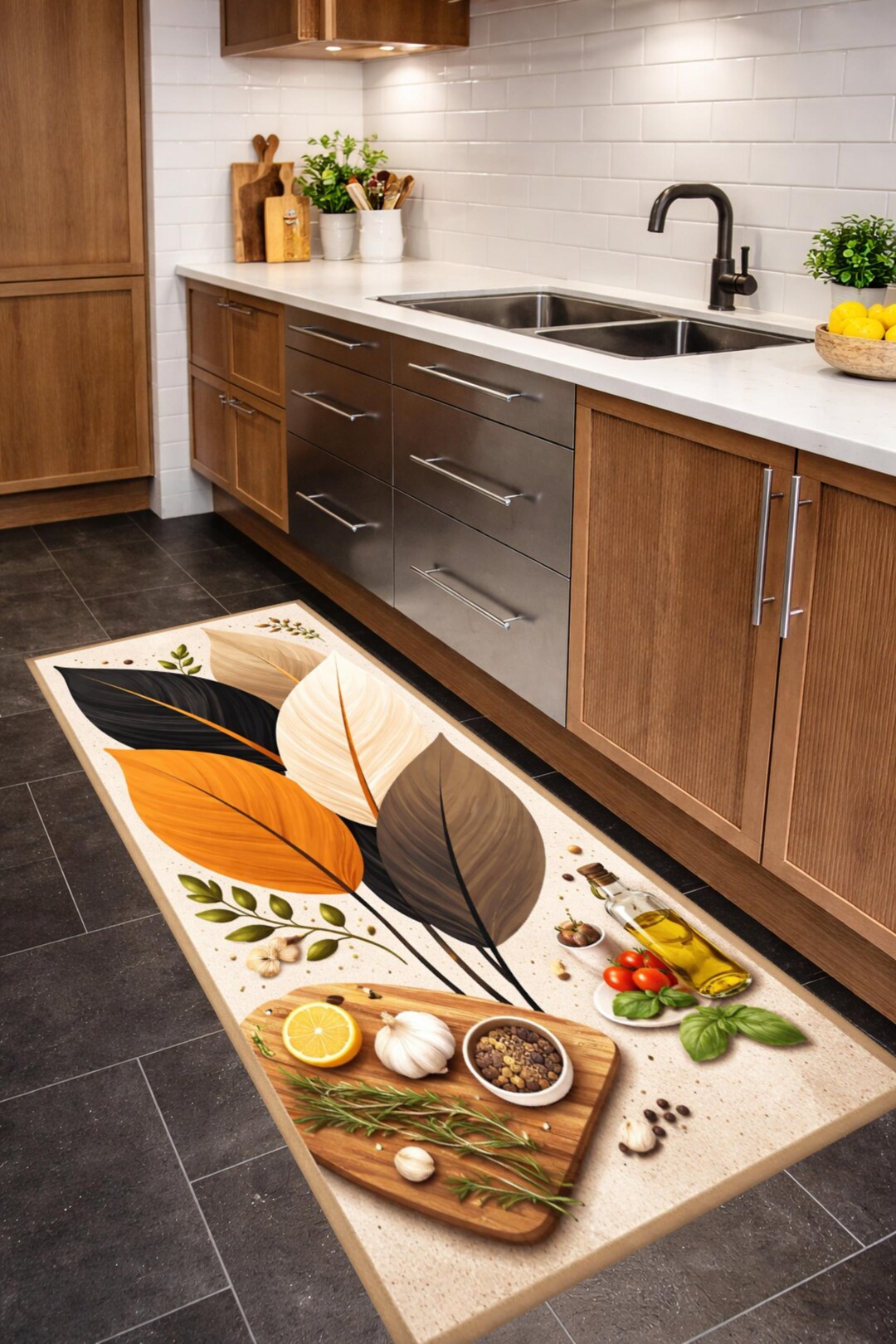 Rustic Kitchen Herb Runner Rug, Culinary Still Life Botanical Washable ...