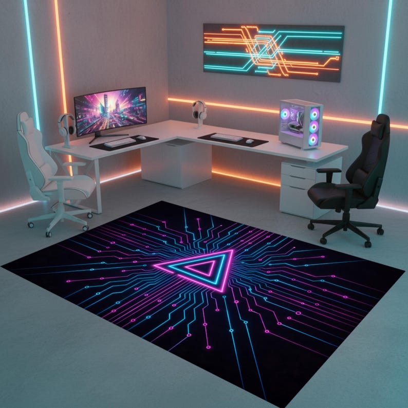 Cyber Rug Neon Gaming Area Rug, Cyber Circuit Triangle Carpet, Futuristic Gamer ...