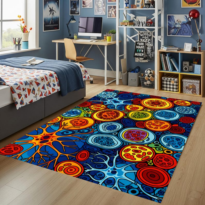 Biology Rug Design Abstract Biology Pattern Rug, Colorful Neural Cell Carpet, Modern Teen ...