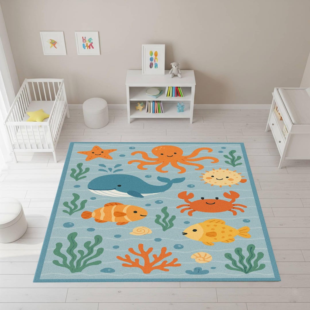 Aquatic Rug Ocean Theme Rug for Kids Room, Sea Animals Play Mat, Under the Sea ...