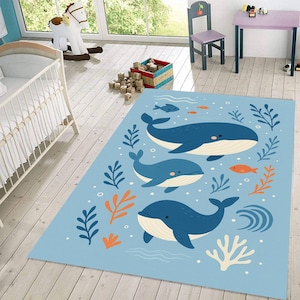 Blue Whale Kids Room Rug, Ocean Theme Baby Nursery Carpet, Washable Non Slip Play Mat, Underwater Animal Area Rug for Toddler Bedroom