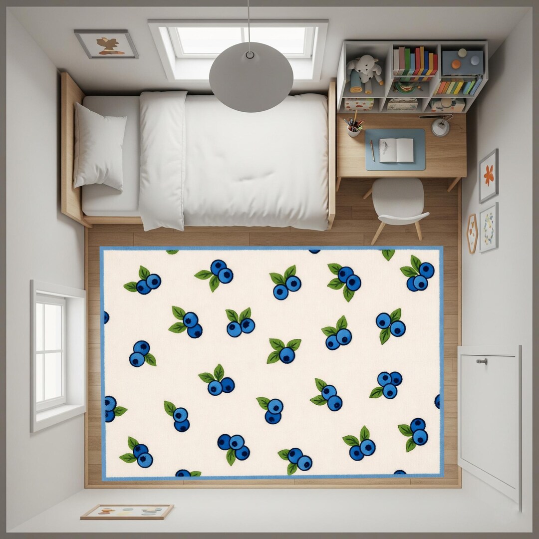 Blueberry Pattern Kids Rug, Minimal Fruit Nursery Carpet, Scandinavian ...