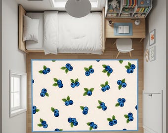 Blueberry Pattern Kids Room Rug, Scandinavian Fruit Nursery and Playroom Carpet