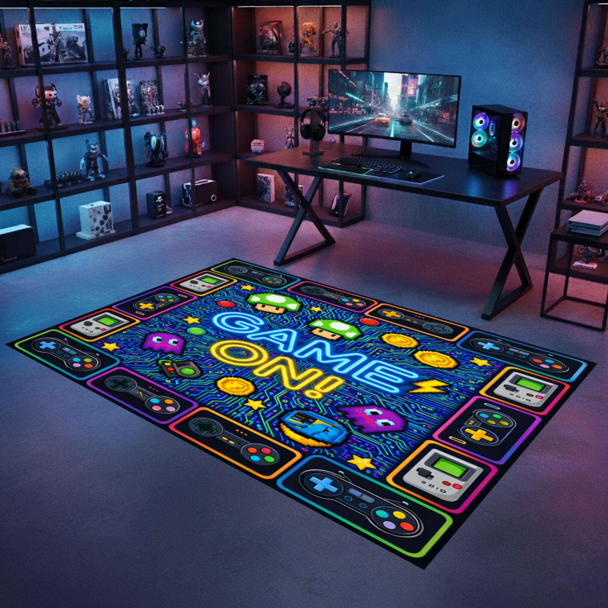 Retro Arcade Game Rug, Pixel Gaming Room Carpet, Neon Console Area