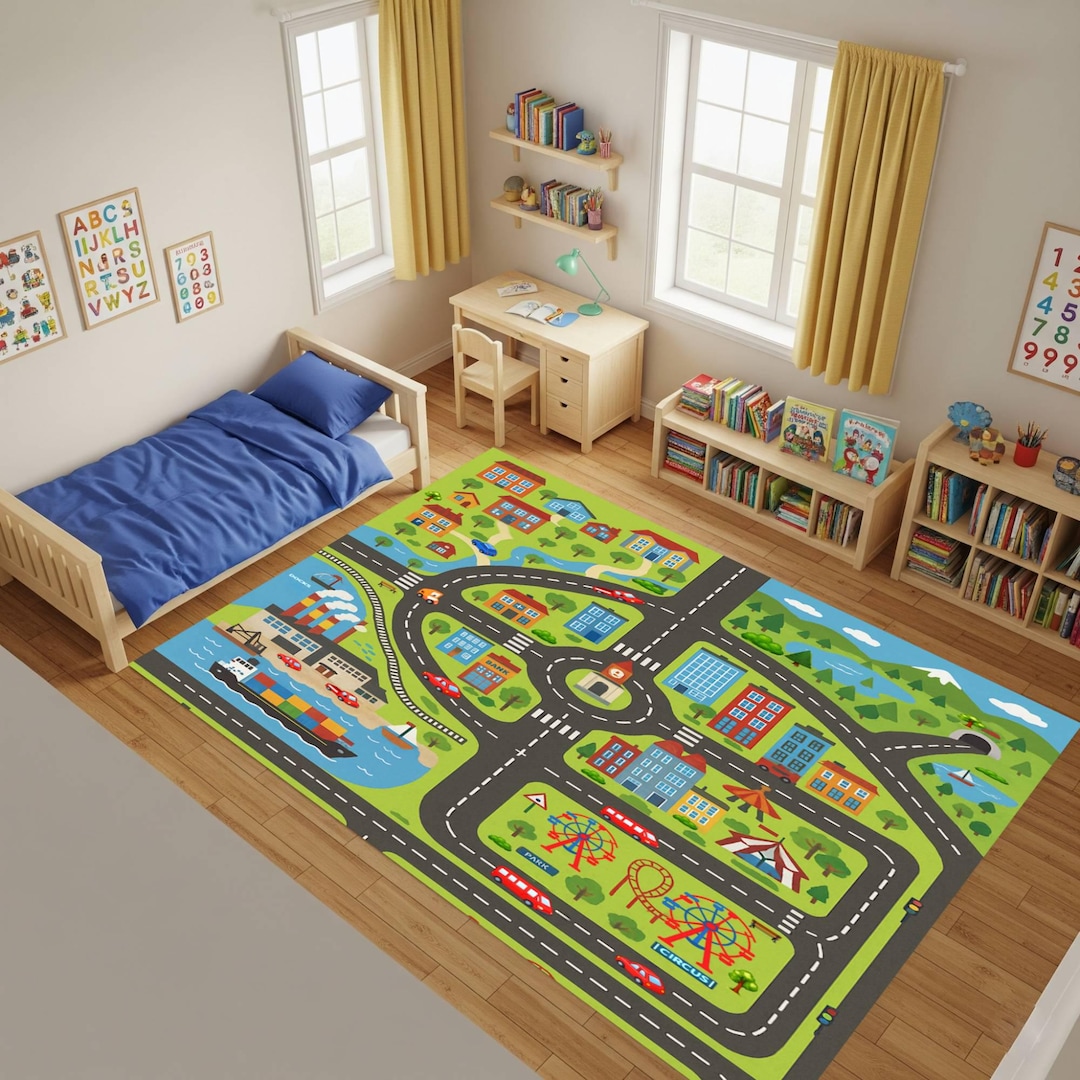 Kids City Road Rug, Play Map Carpet, Car Playroom Mat, Educational Town ...