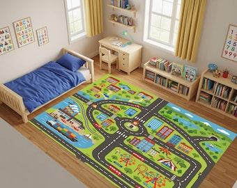 Kids City Road Rug, Play Map Carpet, Car Playroom Mat, Educational Town Design Rug