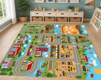 May include: A rectangular area rug featuring a colorful illustrated town map with roads, buildings like a fire station and school, a farm with animals, construction vehicles, and a railway track. The design includes green landscapes and blue sky.