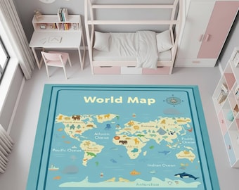 May include: A rectangular, light blue rug with a world map design. The map features continents, oceans, and illustrations of animals and marine life. The words "World Map" are at the top.