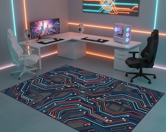 Alfombra con circuito impreso, alfombra para sala de juegos tecnológica, alfombra futurista para sala de juegos, alfombra para área de juegos digitales