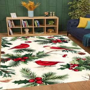 Alfombra navideña con diseño de cardenal, alfombra navideña con diseño de pino y bayas, decoración festiva para el suelo de la sala de estar en invierno.