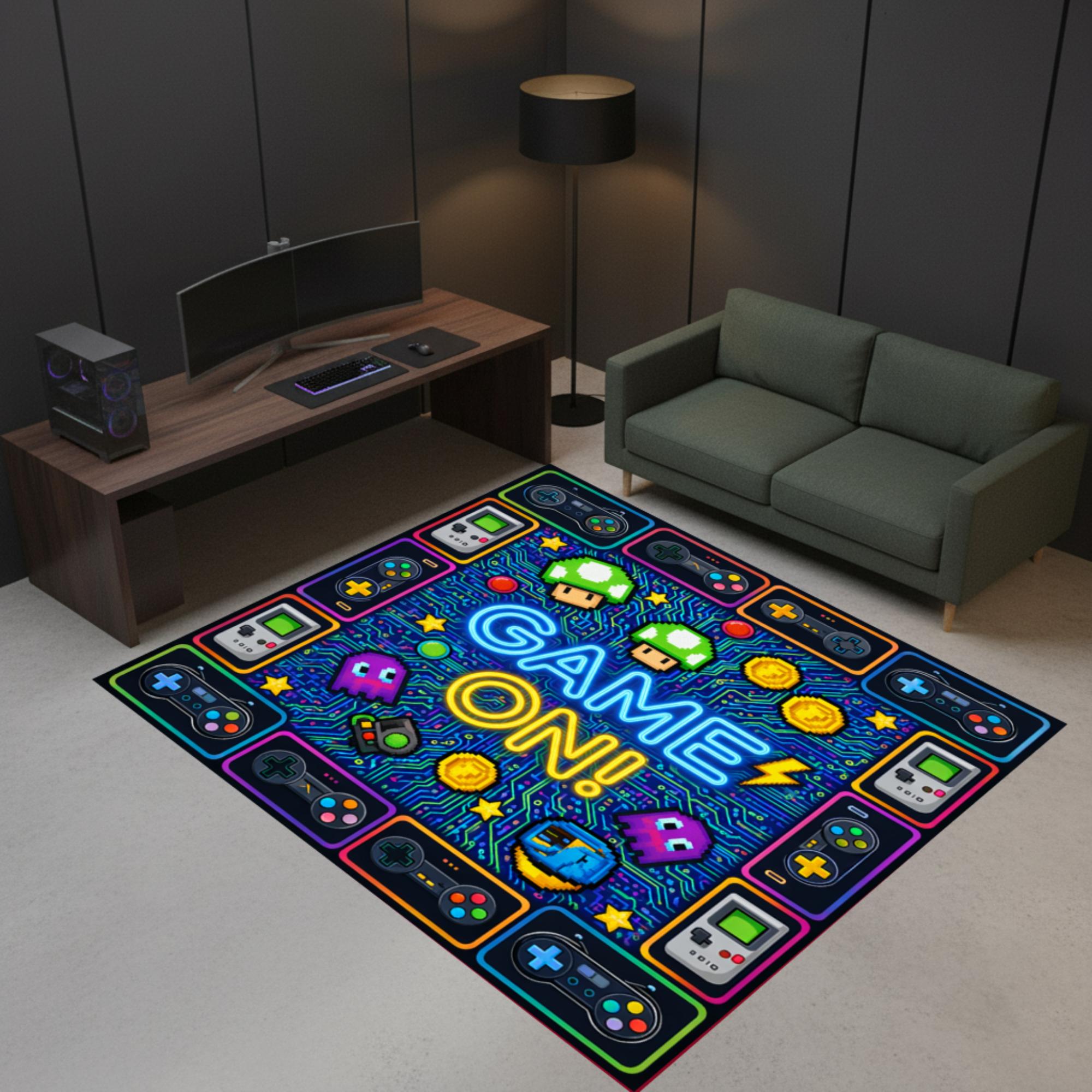 Retro Arcade Game Rug, Pixel Gaming Room Carpet, Neon Console Area