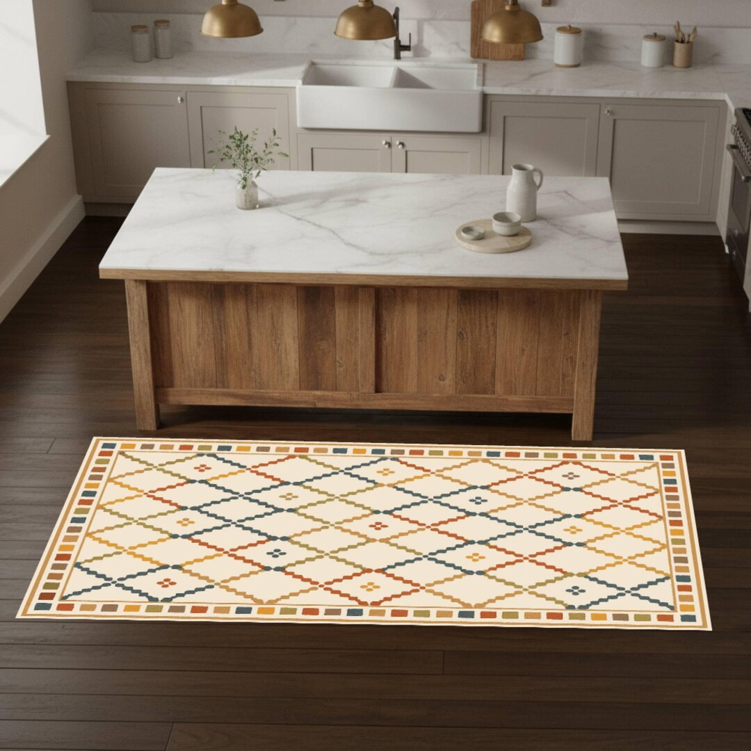 Geometric Diamond Kitchen Rug, Lattice Pattern Floor Mat, Neutral Tones ...