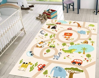 Alfombra infantil Safari Road, alfombra de juegos con animales, decoración de suelo para habitación infantil, sala de juegos o dormitorio con temática de la jungla.