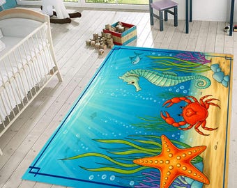 Seepferdchen-Ozeanteppich, Küstenkindergartenteppich, Marine-Spielzimmermatte, Unterwasserstrand-Schlafzimmerdekorationsdesign
