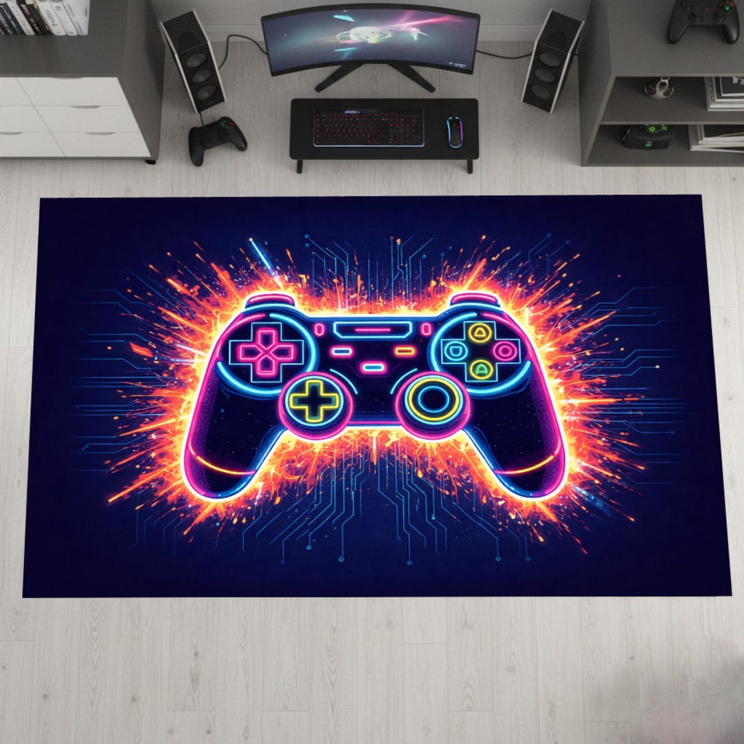 Rgb Gaming Rug Neon Gaming Controller Area Rug for Gamer Room, RGB Arcade Cyber Floor ...