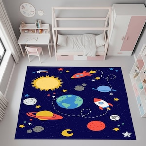Outer Space Kids Room Rug, Galaxy Theme Nursery Carpet, Washable Rocket Play Mat, Non Slip Planet Floor Rug for Baby Toddler Bedroom