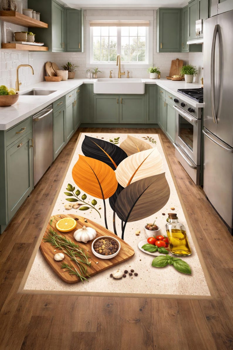 Rustic Kitchen Herb Runner Rug, Culinary Still Life Botanical Washable ...