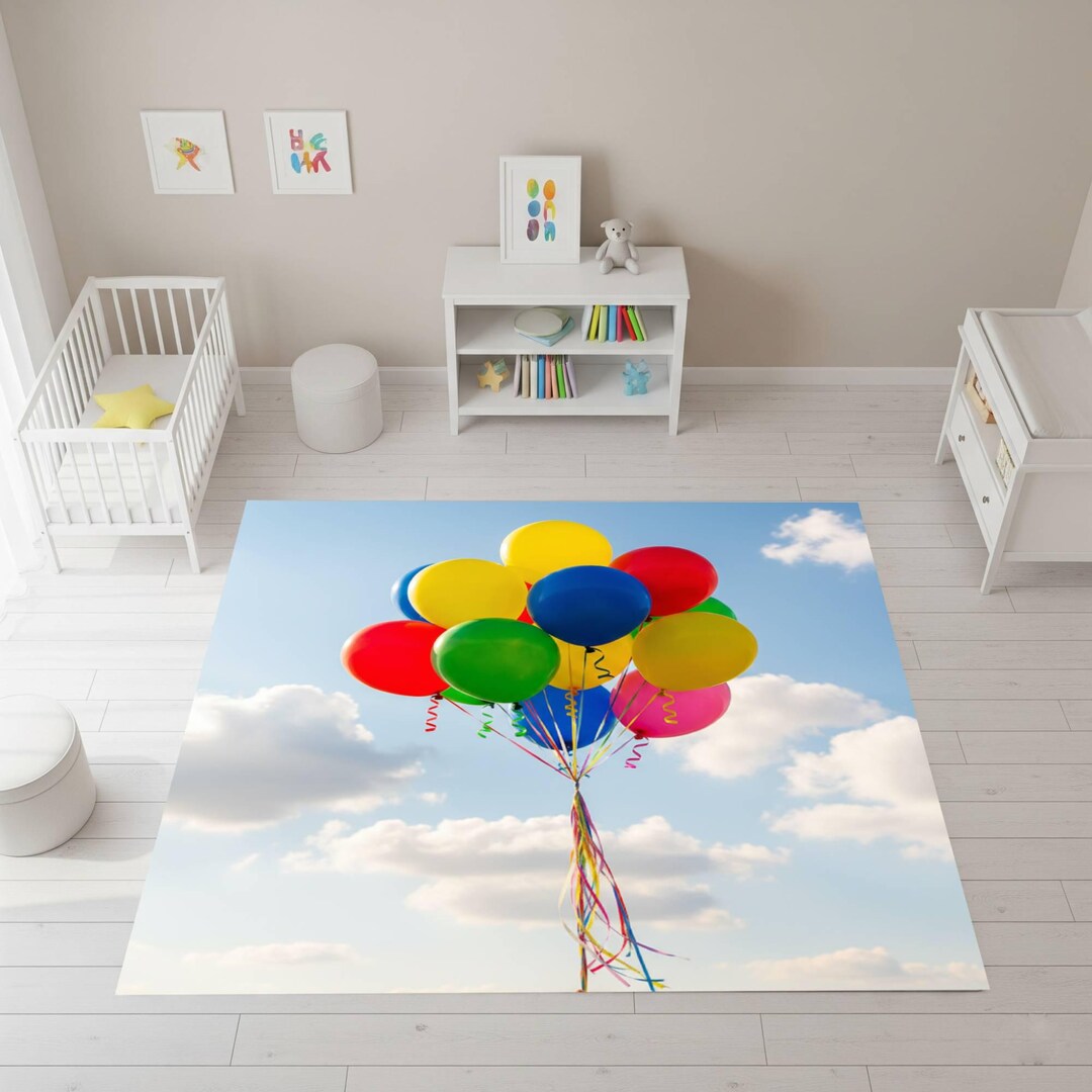 Colorful Balloon Kids Area Rug, Sky Theme Nursery Carpet, Toddler ...