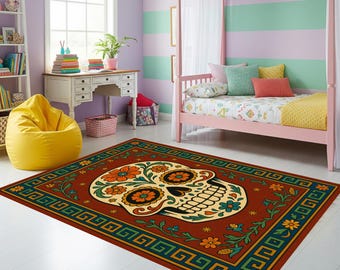 Floral Sugar Skull Teen Bedroom Rug, Gothic Skeleton Pattern Carpet