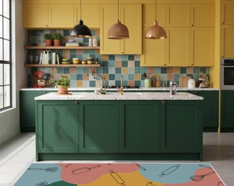 Abstract Color Block Kitchen Rug, Modern Artistic Floor Mat, Bold Shapes Decor Style