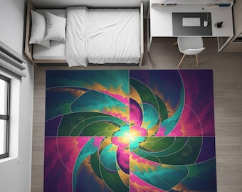 Colorful Spiral Art Rug, Abstract Teen Room Carpet, Modern Rainbow Floor Mat, Unique Kids Bedroom Decor, Psychedelic Galaxy Inspired Rug