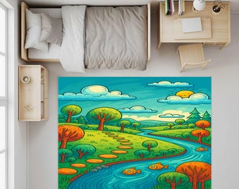 Op de afbeelding: Een kleurrijk cartoon tapijt met een landschap met een rivier, bomen en een zon. Het tapijt ligt in een slaapkamer met een bed, bureau en kast. Het tapijtontwerp omvat een kronkelende rivier, vissen en een pad.