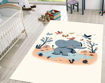 Safari Elephant Kids Room Rug, Animal Nursery and Playroom Carpet