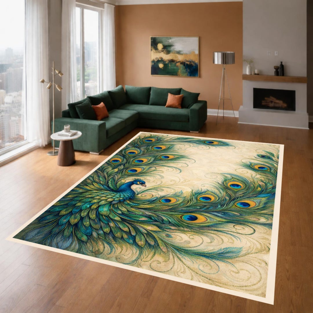 Feathered Rug Peacock Feather Rug, Teal Gold Bird Carpet, Elegant Bohemian Living ...