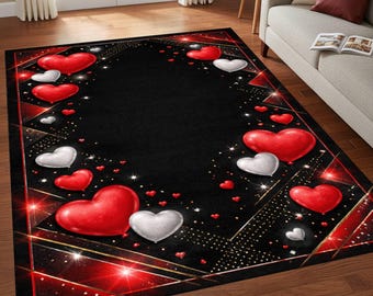 Black Heart Area Rug, Romantic Modern Carpet, Red White Love Floor