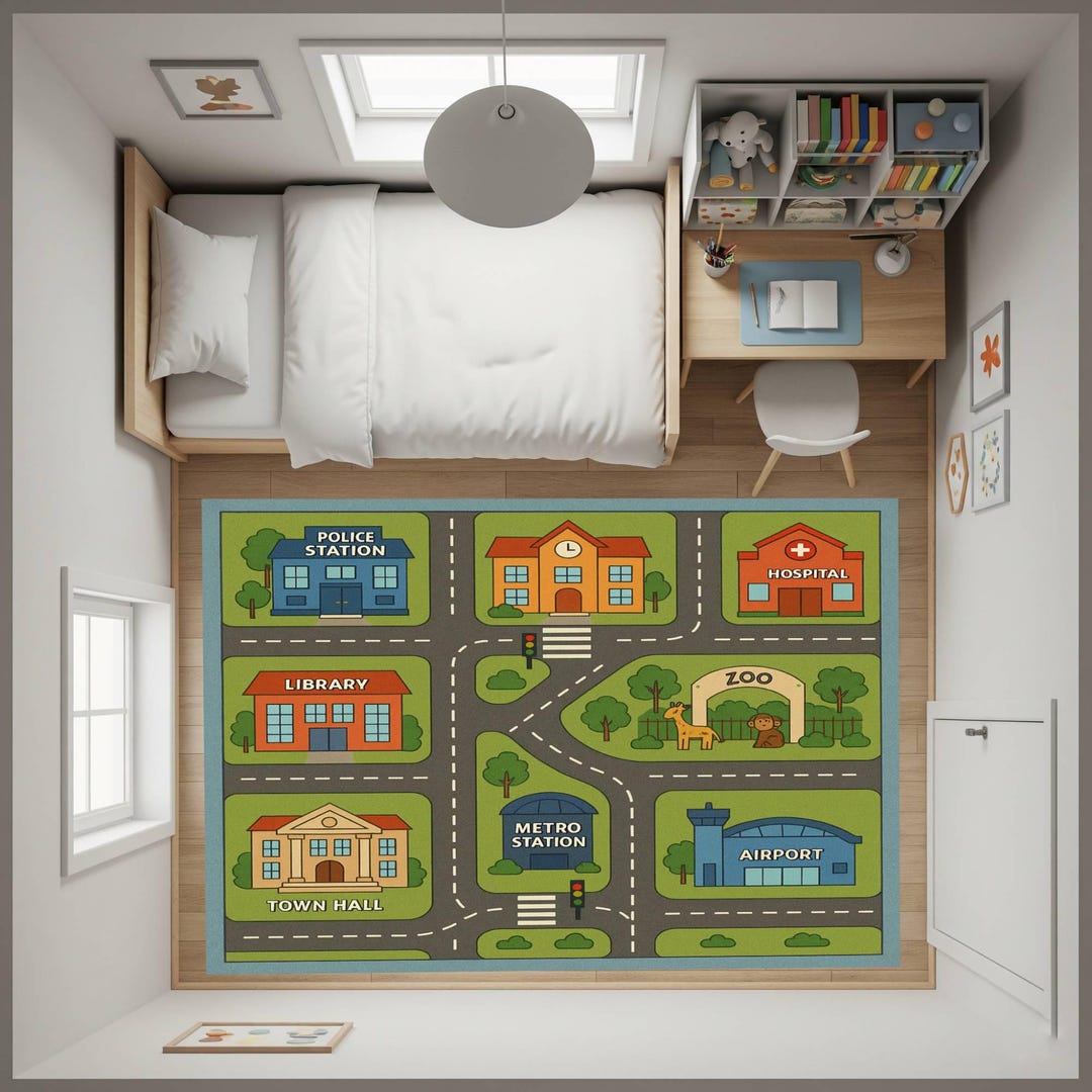 Town Rug Child City Map Kids Play Rug, Educational Road Traffic Carpet, Town Buildings ...