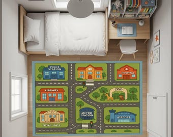 May include: Overhead view of a child's bedroom with a city-themed rug. The rug features illustrations of a police station, library, hospital, zoo, town hall, metro station, and airport. The room includes a bed, desk, chair, and storage.
