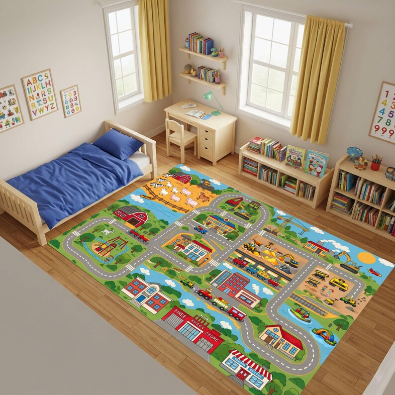 City Map Play Rug for Toddlers, Colorful Road Carpet With Buildings and ...