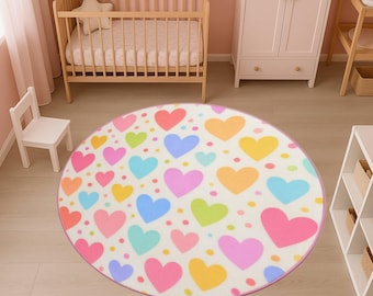 Round Pastel Heart Kids Room Rug, Colorful Nursery and Playroom Carpet