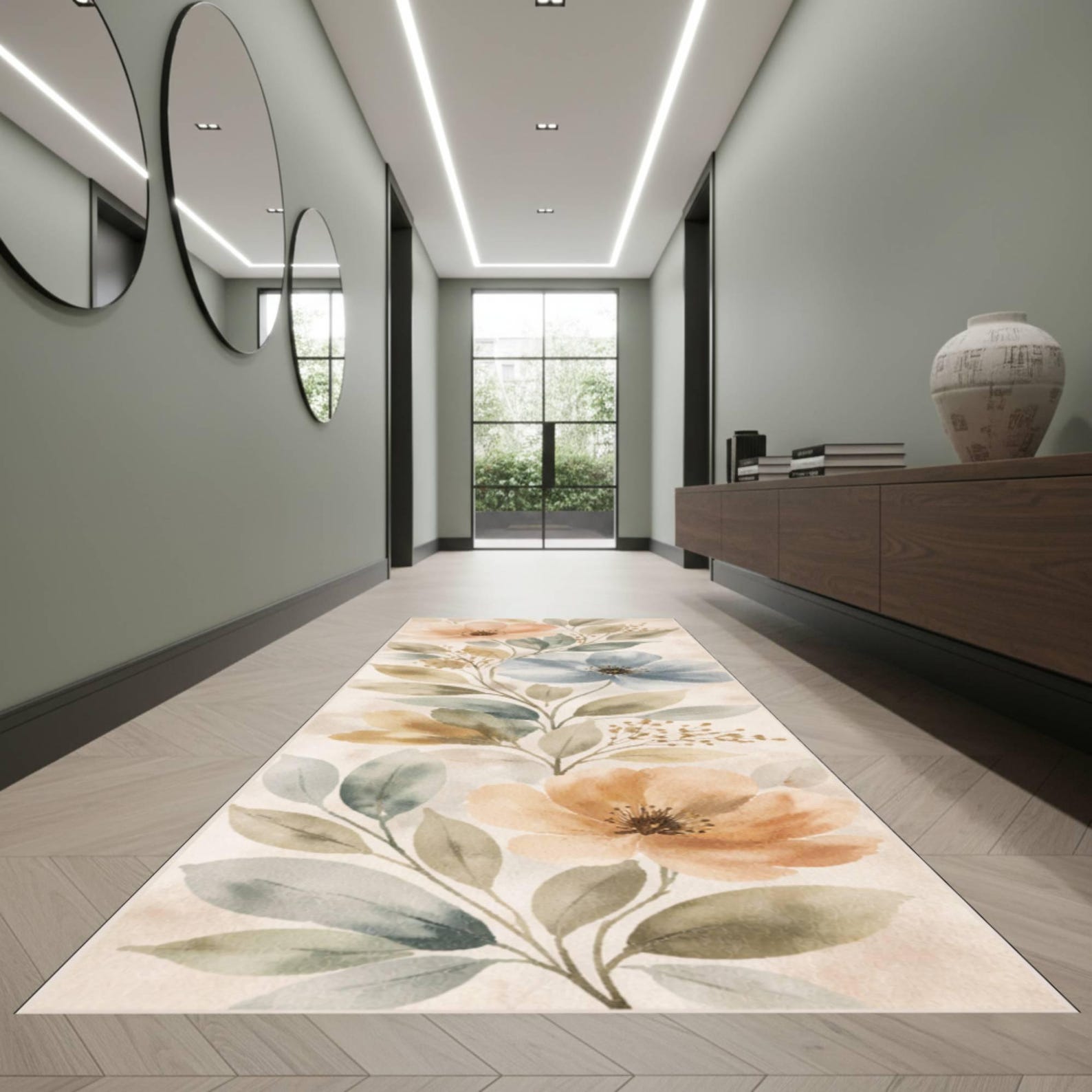 Watercolor Floral Runner Rug, Botanical Hallway Carpet, Soft Nature ...