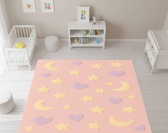 Pink Moon Star Rug, Celestial Baby Room Decor, Stars, Hearts, Baby Girl Nursery Mat