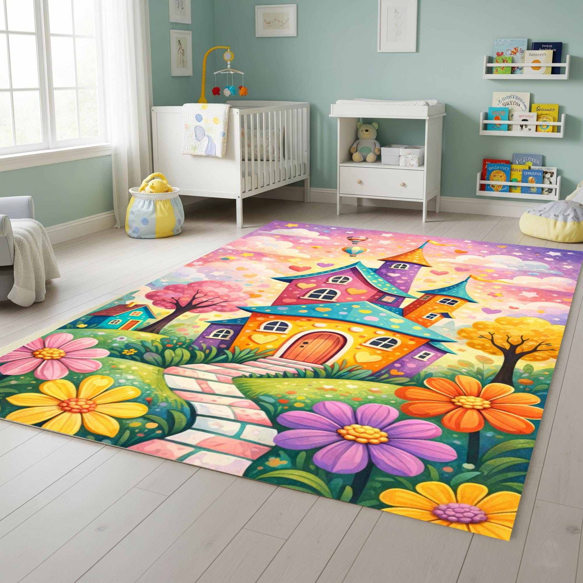 Fairy Blue Rug Whimsical Fairy House Rug, Colorful Garden Cottage Carpet, Kids Room ...