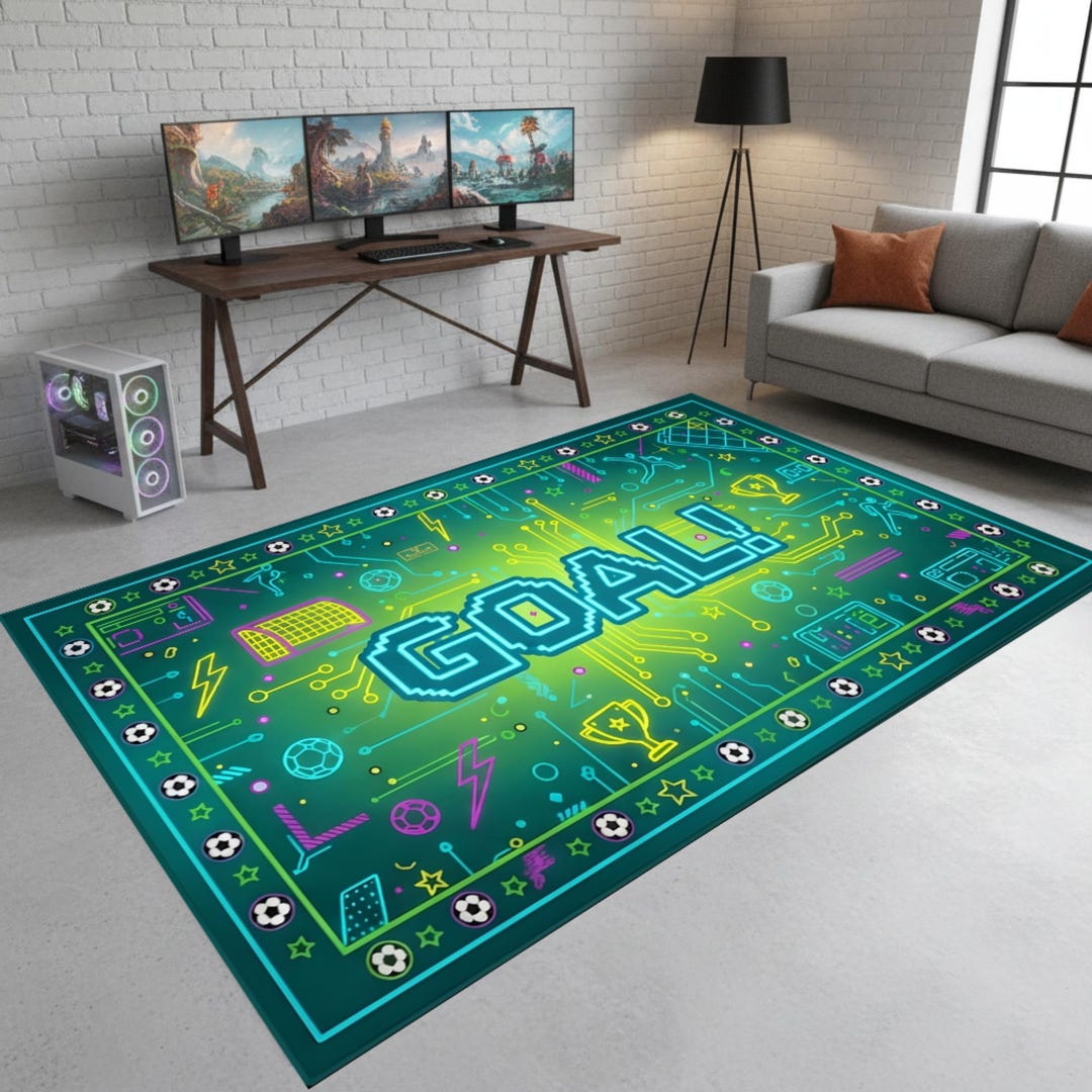 Gaming Rooom Goal Neon Goal Gaming Rug, Soccer Themed Gamer Room Carpet, Sports Circuit ...