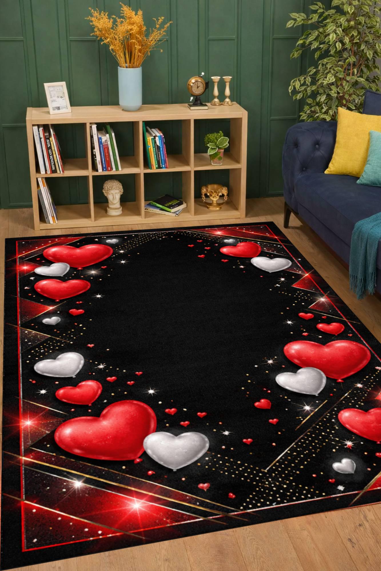 Black Heart Area Rug, Romantic Modern Carpet, Red White Love Floor