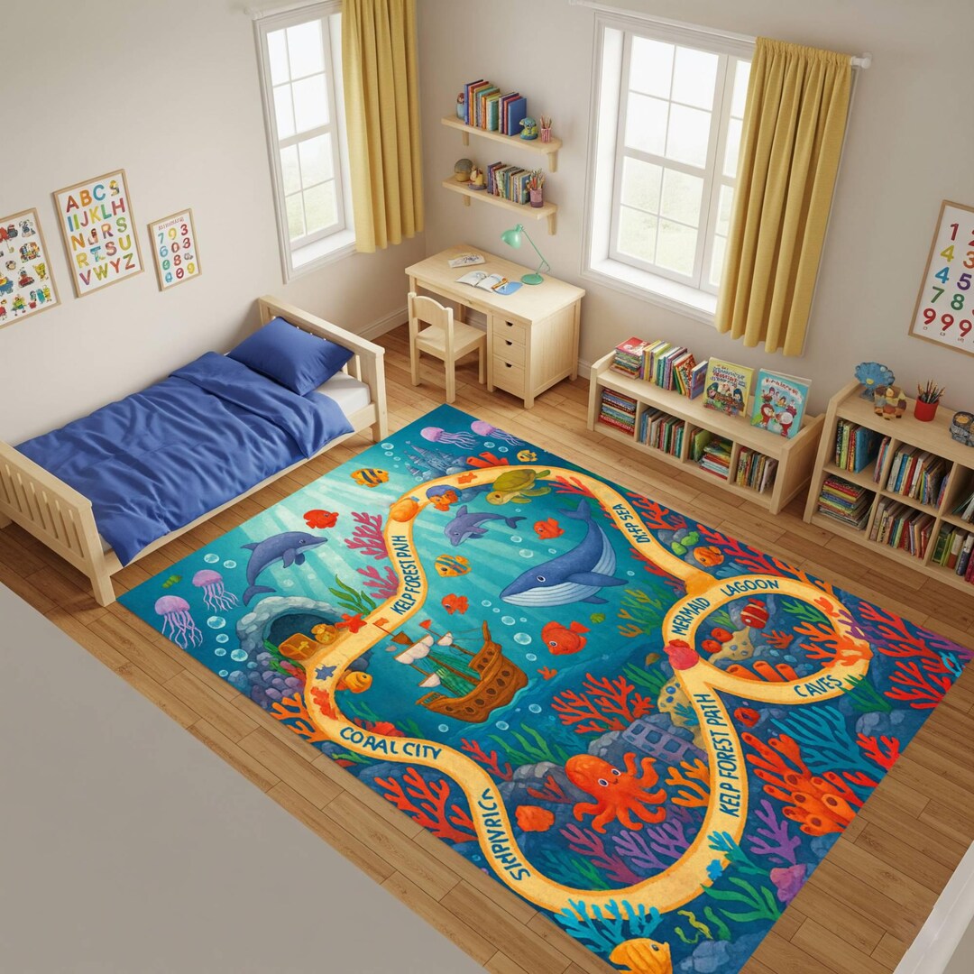 Underwater Adventure Kids Rug, Ocean Theme Playroom Carpet, Marine Map ...