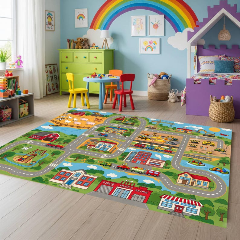 City Map Play Rug , Road Carpet With Buildings and Vehicles, Kids ...