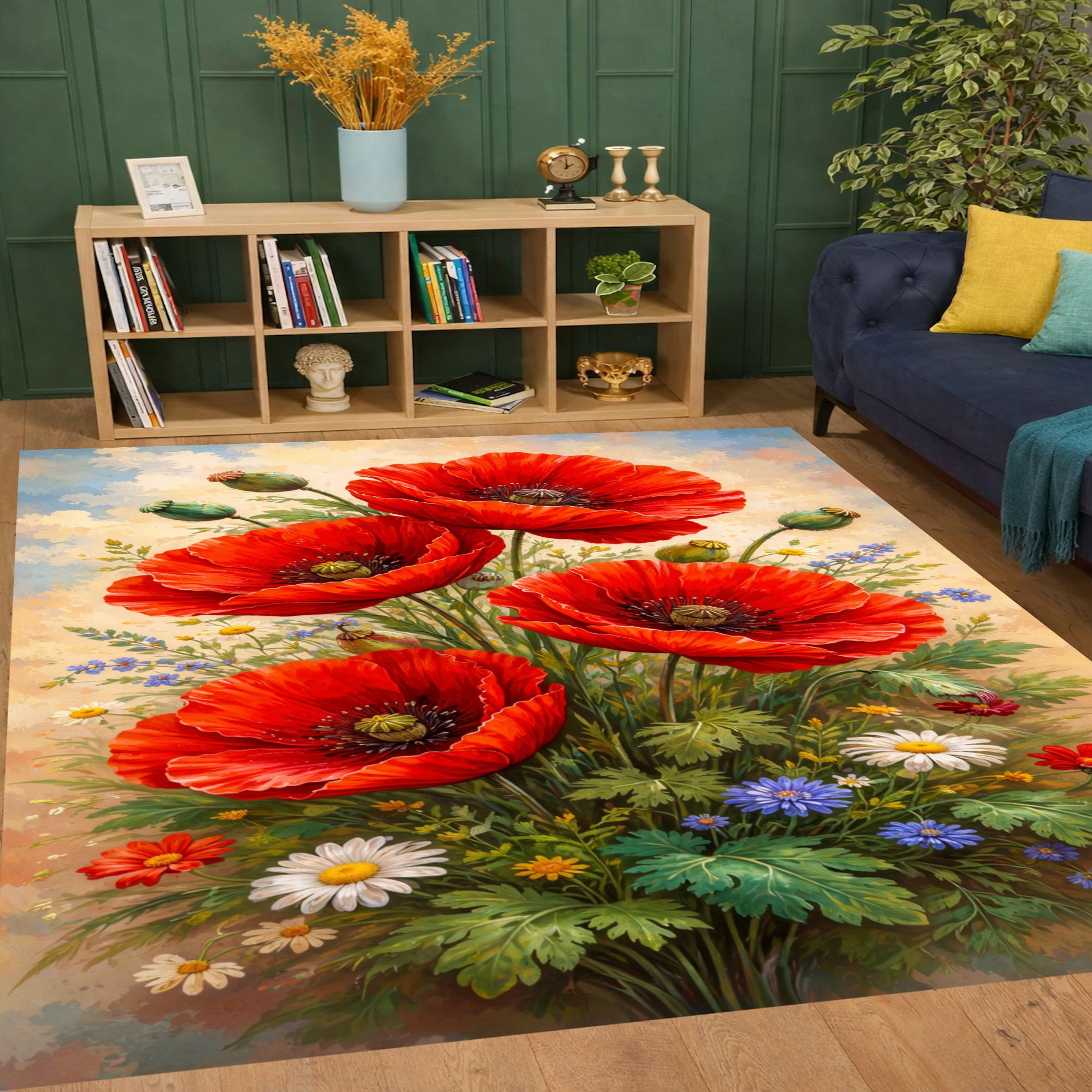 Red Poppy Flower Area Rug, Botanical Garden Carpet, Floral Living Room ...