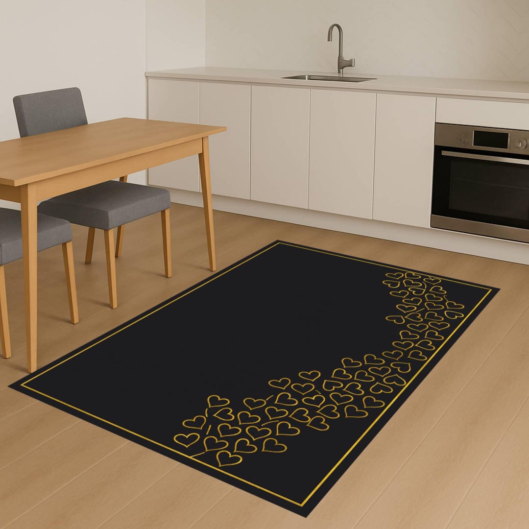 Black Kitchen Runner Rug, Gold Heart Pattern Floor Mat, Minimal ...