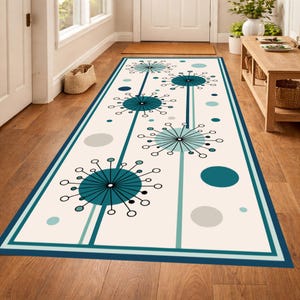 May include: A rectangular runner rug featuring a cream-colored background with a pattern of teal and light blue dandelion-like circular motifs, thin vertical lines, and scattered solid circles, all enclosed within a dark teal border.